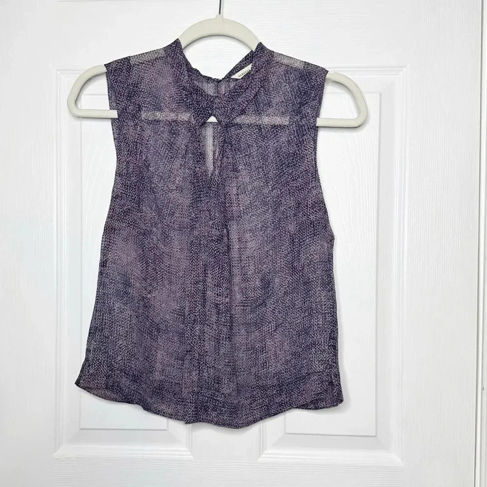 REBECCA TAYLOR Purple Geometric Peter Pan Collar Knot Front Silk Shell Size 2